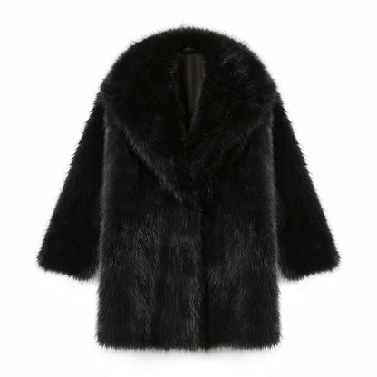 Women's Faux Fur Lapel Coat – Luxury Furry Overcoat for Women