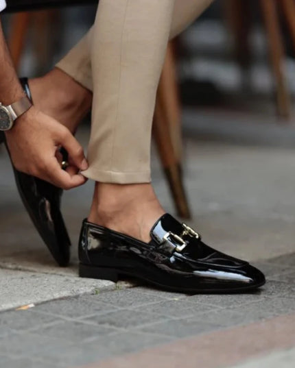 Men’s Pu Leather Loafers – Shiny Leather Slip-On Shoes with Round Toe