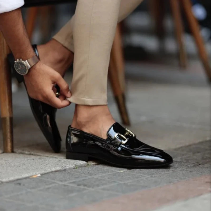 Men’s Pu Leather Loafers – Shiny Leather Slip-On Shoes with Round Toe