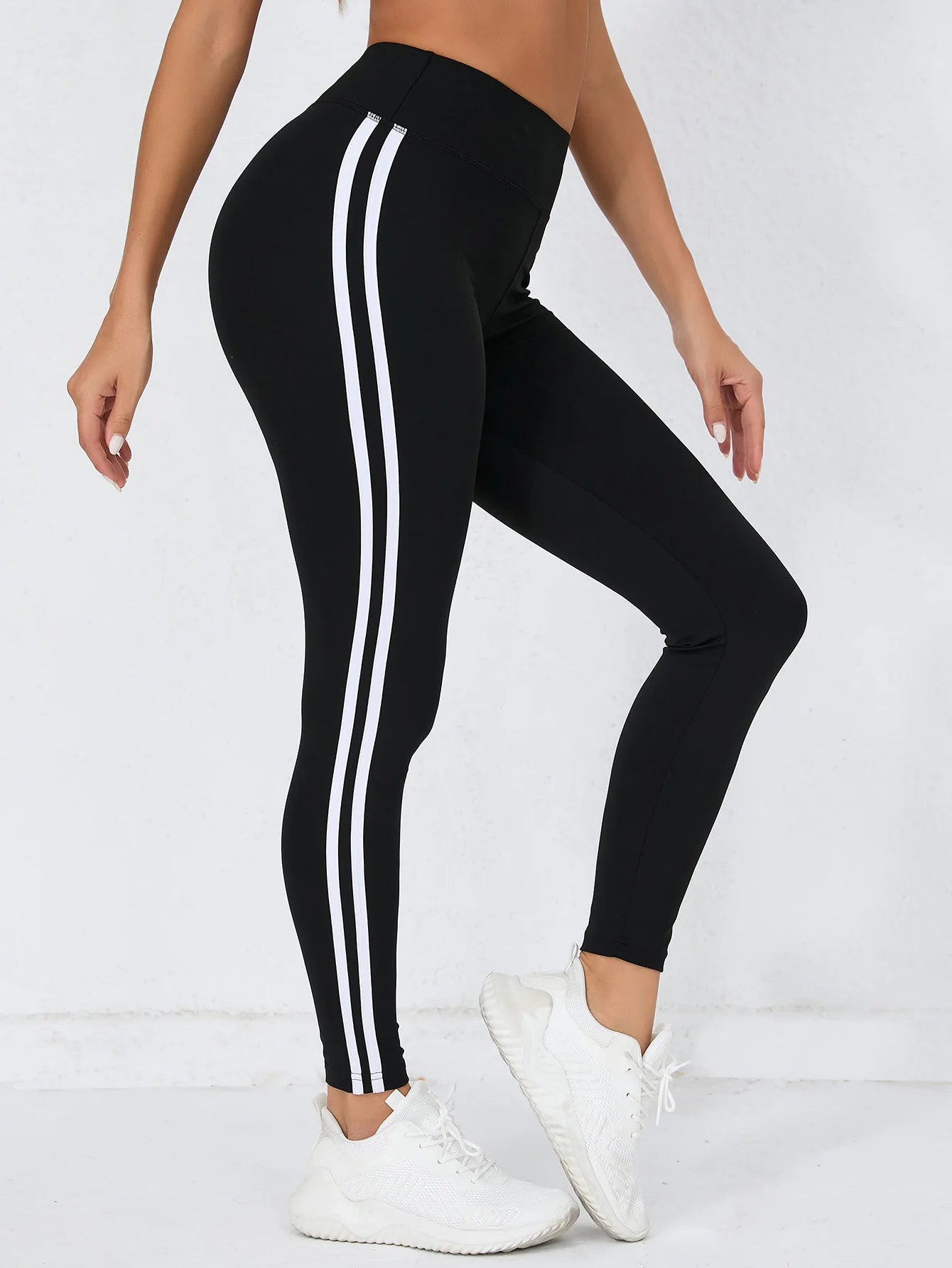 Women's Super Soft High Waist Leggings with White Stripes – Stretchy Workout Yoga Pants