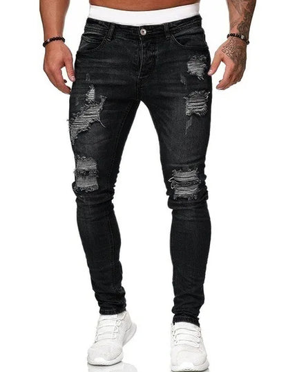 Men's Skinny Slim Fit Ripped Denim Jeans with Stretch, Hole & Patchwork Design