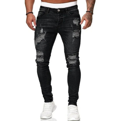 Men's Skinny Slim Fit Ripped Denim Jeans with Stretch, Hole & Patchwork Design