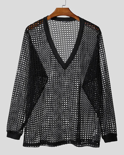 INCERUN Men's V-Neck Long Sleeve Hollow-Out Sweater