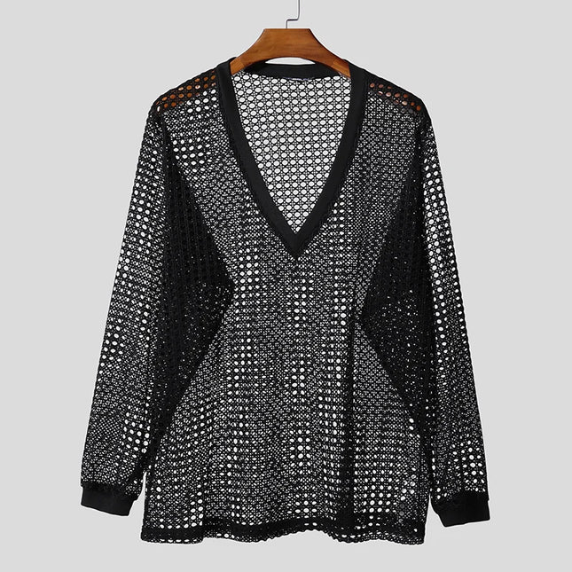 INCERUN Men's V-Neck Long Sleeve Hollow-Out Sweater