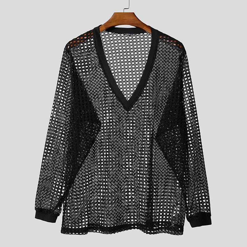 INCERUN Men's V-Neck Long Sleeve Hollow-Out Sweater