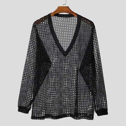 INCERUN Men's V-Neck Long Sleeve Hollow-Out Sweater