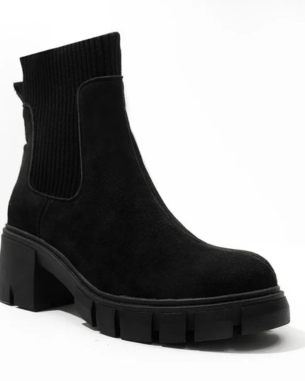 Women's Square Heel Ankle Boots with Thick Sole, Round Toe Faux Suede
