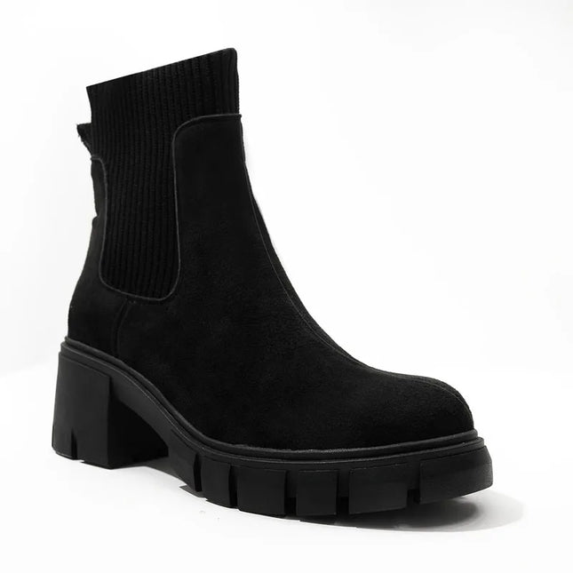 Women's Square Heel Ankle Boots with Thick Sole, Round Toe Faux Suede