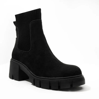 Women's Square Heel Ankle Boots with Thick Sole, Round Toe Faux Suede