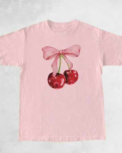 Women's Cherry Print Retro T-Shirt - Loose Half-Sleeve Top