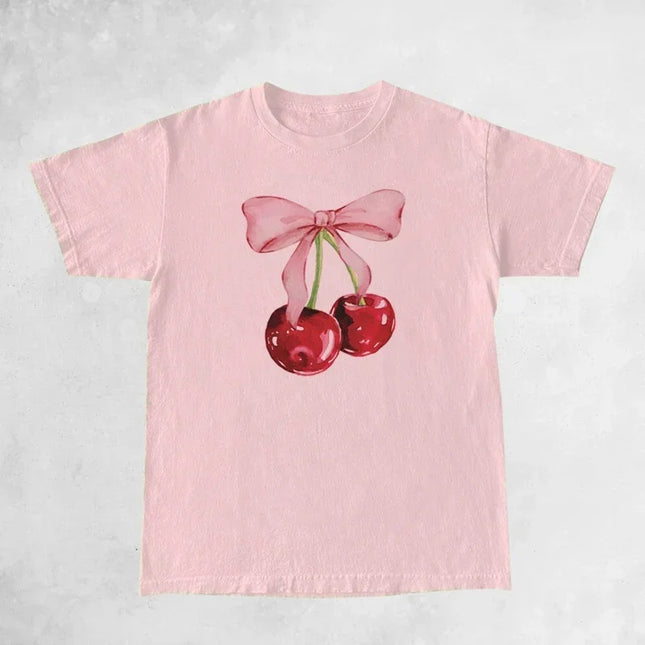 Women's Cherry Print Retro T-Shirt - Loose Half-Sleeve Top