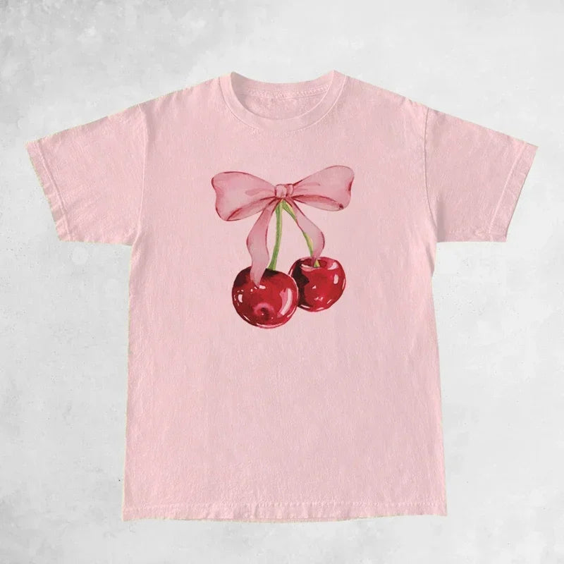 Women's Cherry Print Retro T-Shirt - Loose Half-Sleeve Top