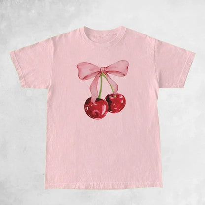 Women's Cherry Print Retro T-Shirt - Loose Half-Sleeve Top