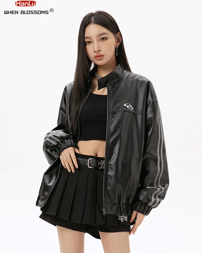 Unisex Black PU Leather Jacket with Metallic Print