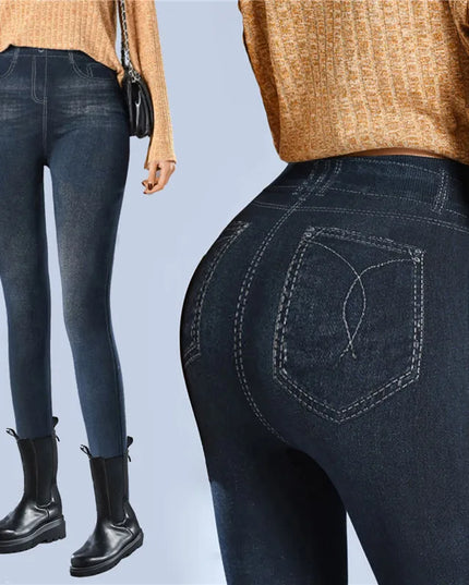 Faux Denim Fleece High-Waisted Pencil Pants for Women