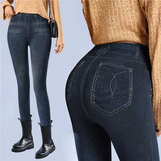 Faux Denim Fleece High-Waisted Pencil Pants for Women