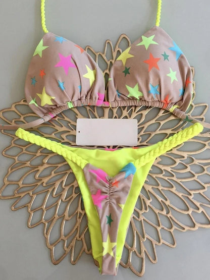 Women's Striped High-Waist Thong Bikini Set