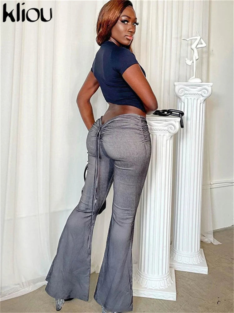 Kliou Women's Low Waist Flare Pants – Drawstring Ruched Trousers with Elastic Waist  C