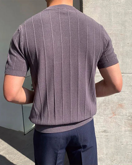 Men's Casual Round Neck Knit T-Shirt with Jacquard Stripe