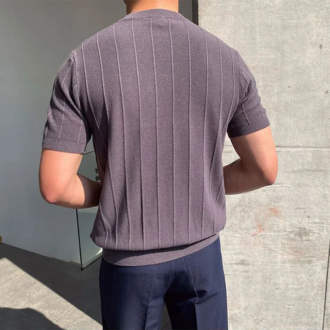 Men's Casual Round Neck Knit T-Shirt with Jacquard Stripe