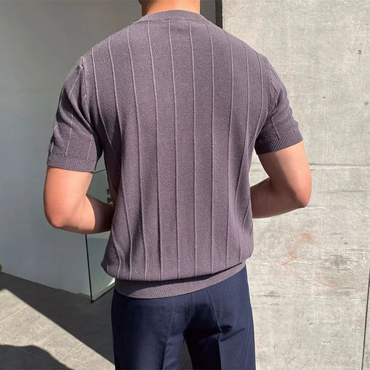 Men's Casual Round Neck Knit T-Shirt with Jacquard Stripe