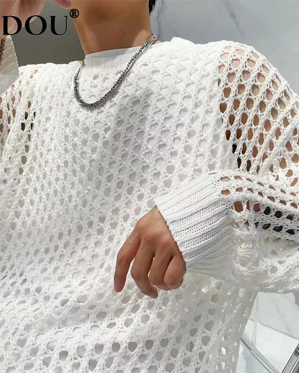 Vintage Men’s Loose-Knit Sweater with Hollow-Out Details