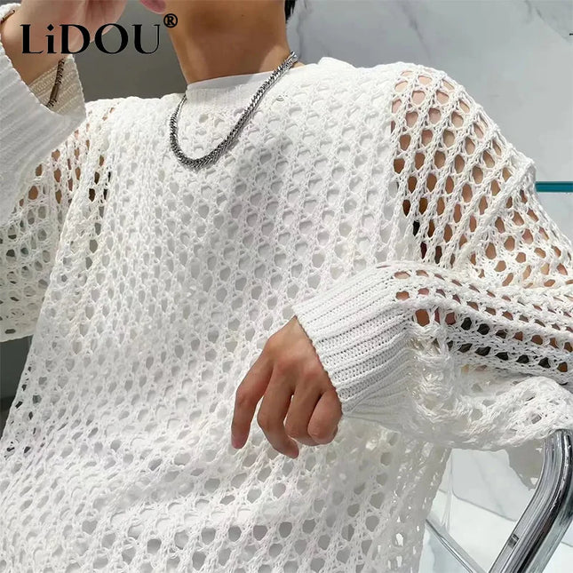 Vintage Men’s Loose-Knit Sweater with Hollow-Out Details