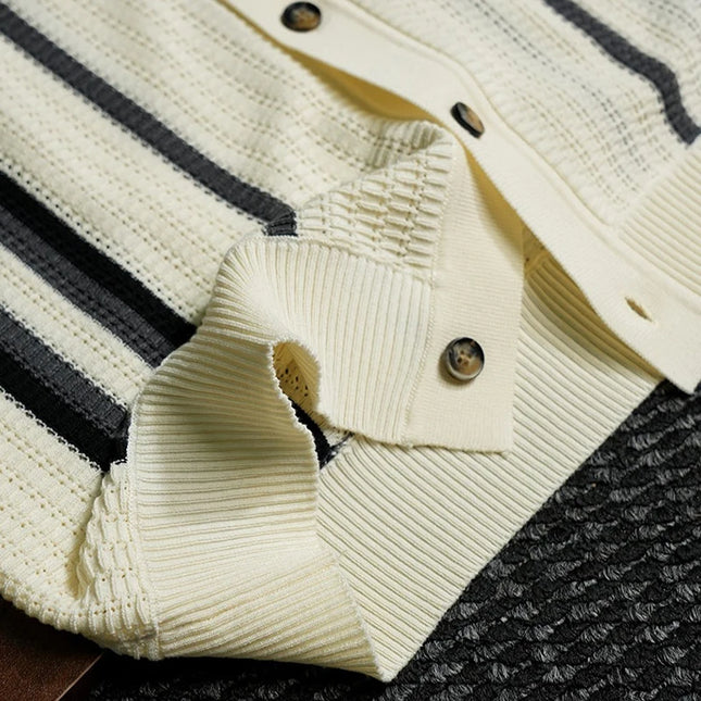 Men's Retro Style Striped Knit Polo Shirt - Casual Classic