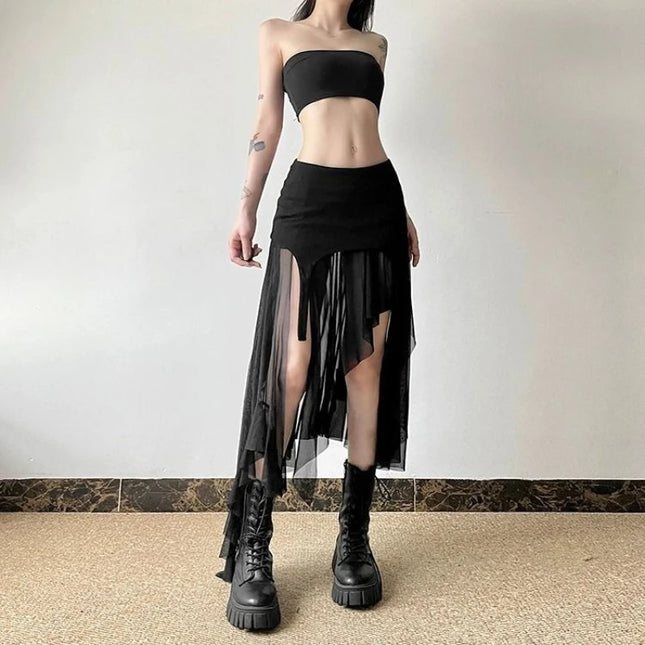 Women’s Slit Skirt with Irregular Hem & Ruffle Design