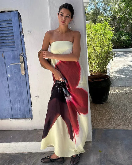 Women's Floral Off-Shoulder Strapless Backless Maxi Dress – Loose Fit