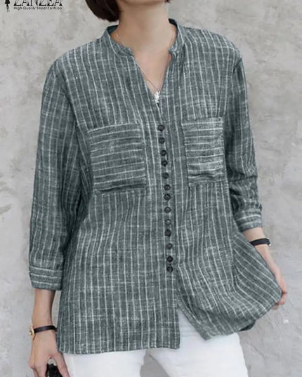 ZANZEA Women's Vintage Striped Blouse - 3/4 Sleeve Loose-Fitting Button-Up Shirt