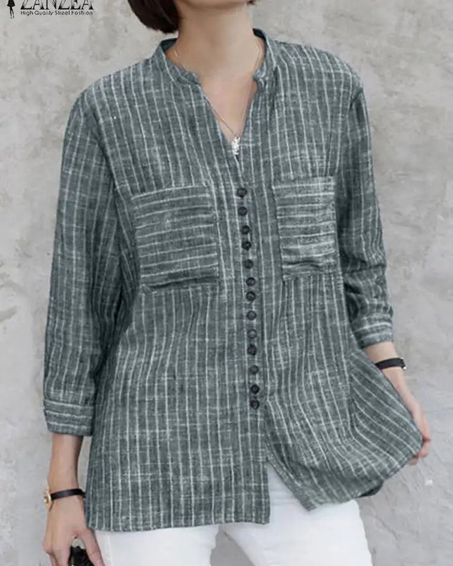 ZANZEA Women's Vintage Striped Blouse - 3/4 Sleeve Loose-Fitting Button-Up Shirt