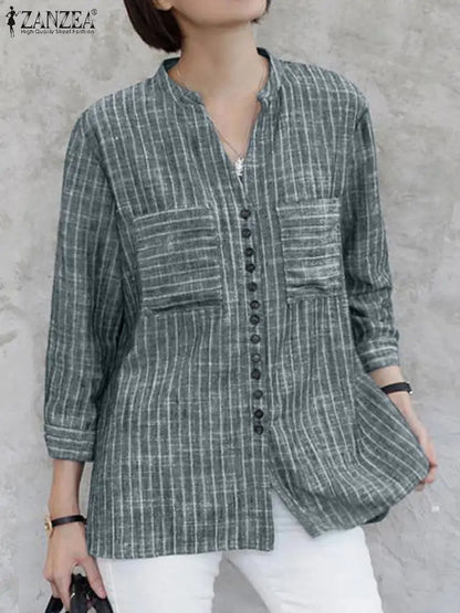 ZANZEA Women's Vintage Striped Blouse - 3/4 Sleeve Loose-Fitting Button-Up Shirt