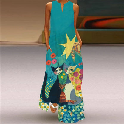 Women's Vintage Boho Printed Sleeveless V-Neck Maxi Dress