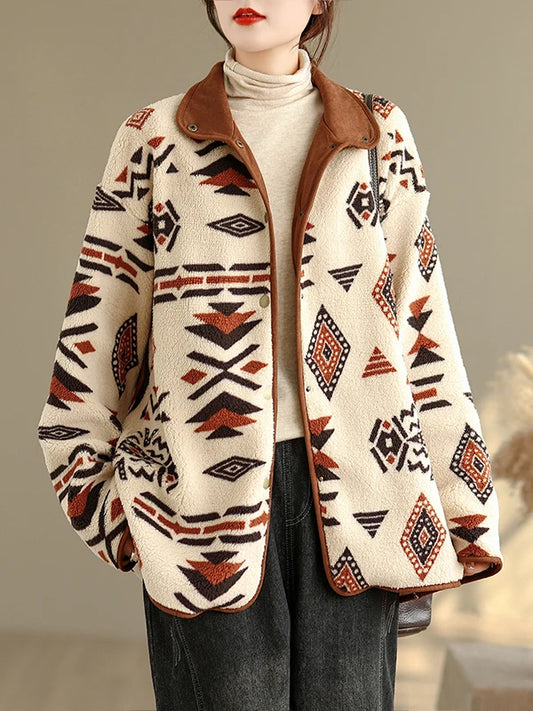 Women's Double-Sided Faux Fur Jacket with Geometric Print