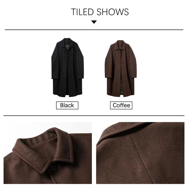 Men's Woollen Long Coat with Turn-Down Collar