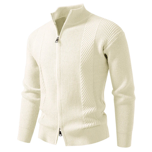 Men's Slim Knit Sweater Jacket with Stand Collar and Zipper