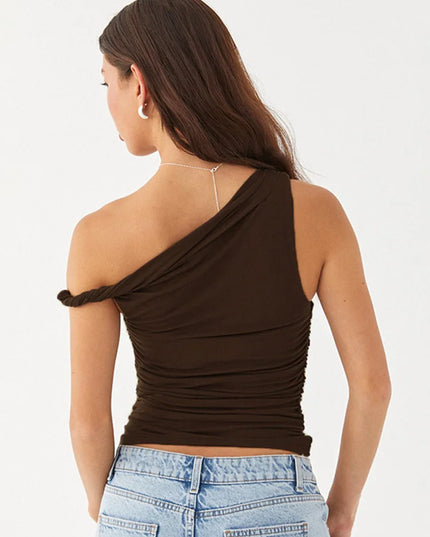 Women’s Sleeveless Off-Shoulder Ruched Crop Top – Stylish Side Ruched Design