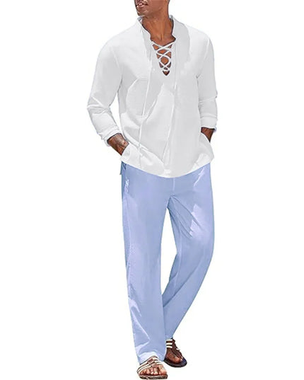 Two Piece Men's Cotton Linen Shirt and Pants Set