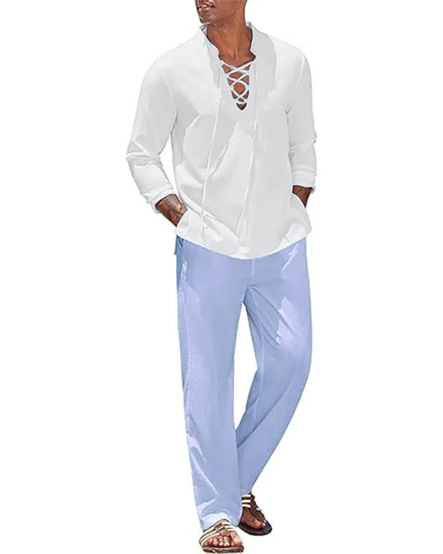 Two Piece Men's Cotton Linen Shirt and Pants Set