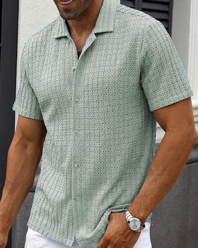 Men's Crochet Casual Short Sleeve Knit Button-Up Shirt
