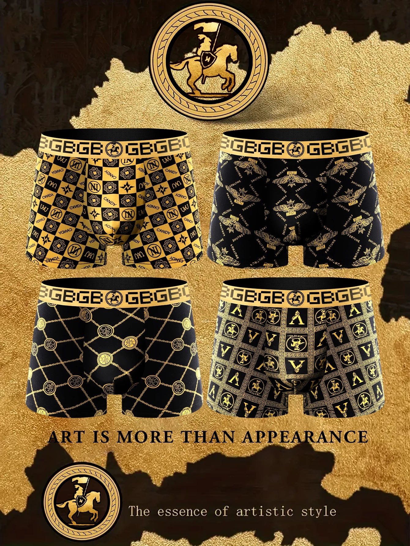 4-Pack Men's Stylish Black and Gold Breathable Hipsters