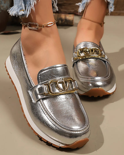 Metal Buckle Faux Leather Women's Flat Heel Shoes