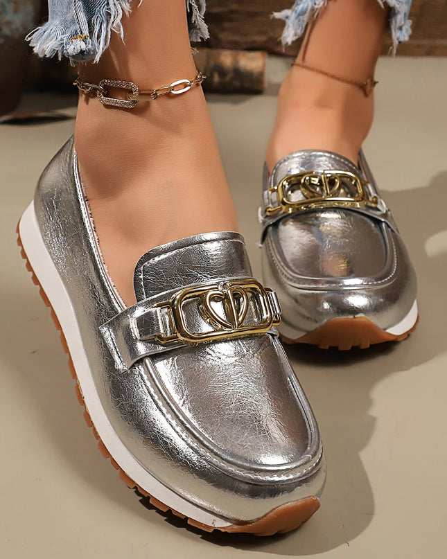 Metal Buckle Faux Leather Women's Flat Heel Shoes