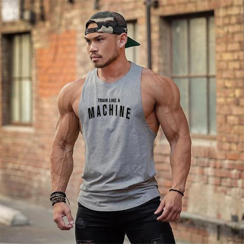 Men's Cotton Tank Top with "Train Like a Machine" Printed Design