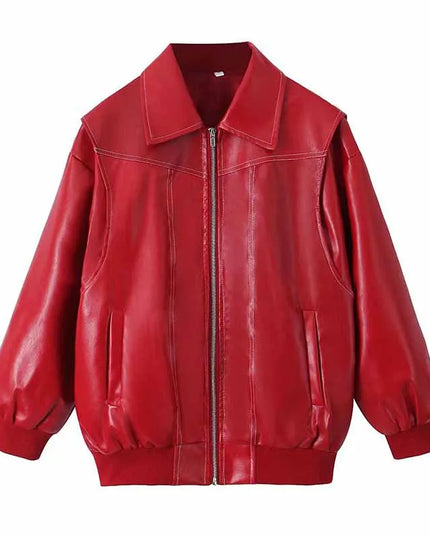 Women's Zipper PU Leather Jacket with Stitch Lapel - Loose Fit