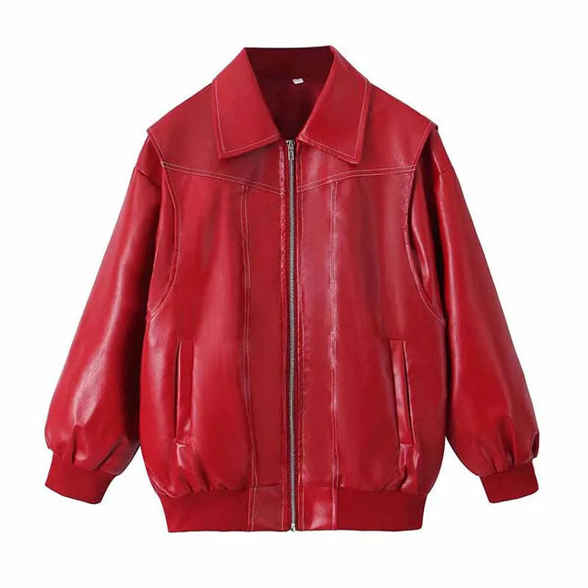 Women's Zipper PU Leather Jacket with Stitch Lapel - Loose Fit