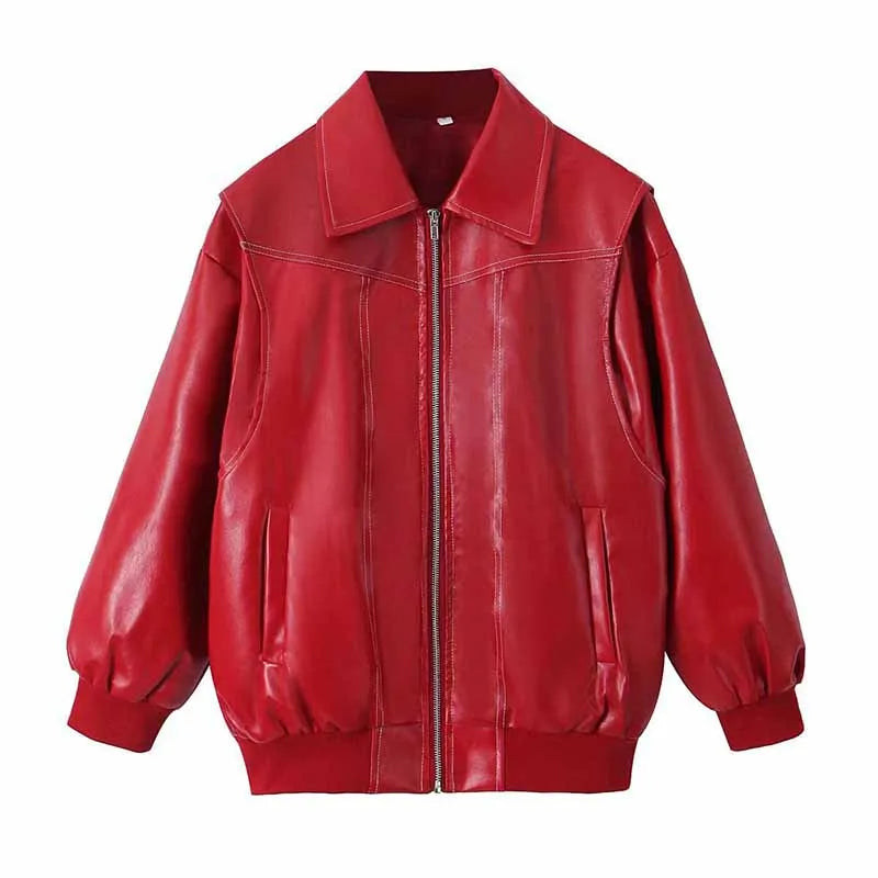 Women's Zipper PU Leather Jacket with Stitch Lapel - Loose Fit