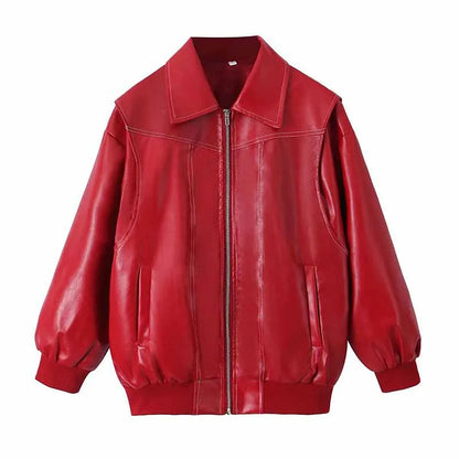 Women's Zipper PU Leather Jacket with Stitch Lapel - Loose Fit