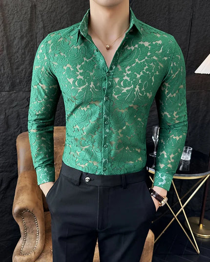 Men's Mesh See-Through Floral Lace Sheer Casual Shirt